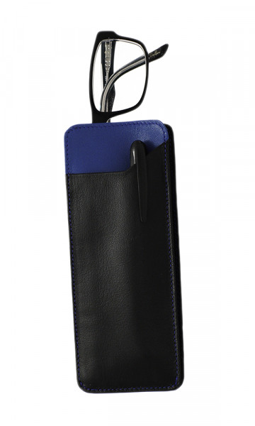weiches Lederstecketui - schwarz/blau - mit praktischem Einschubfach
